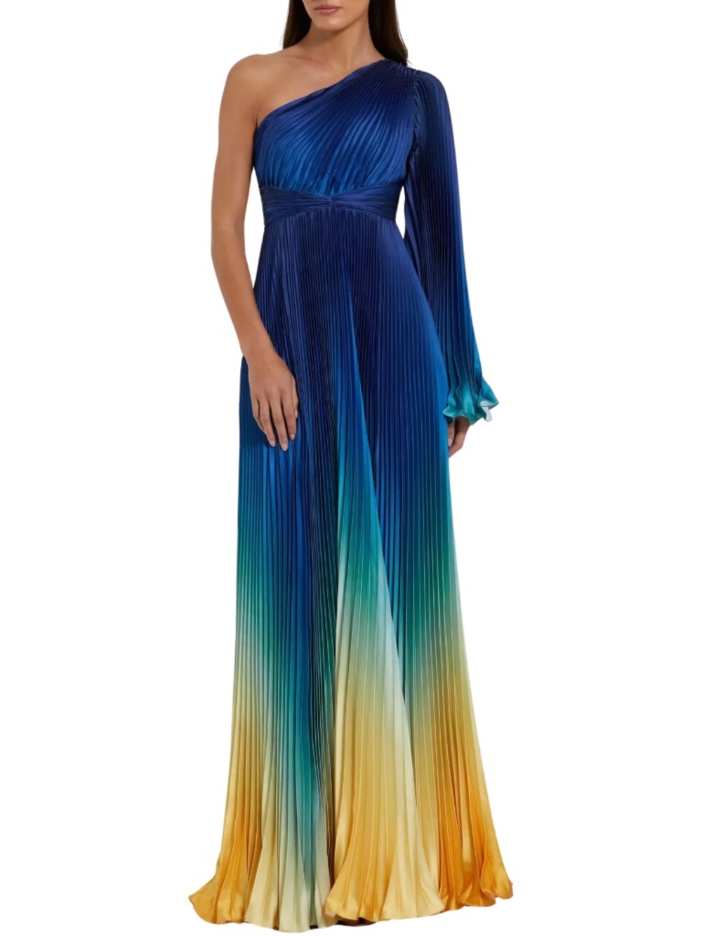 Ieena for Mac Duggal Blue Pleated Charmeuse One Shoulder Ombre Gown Sz. 10